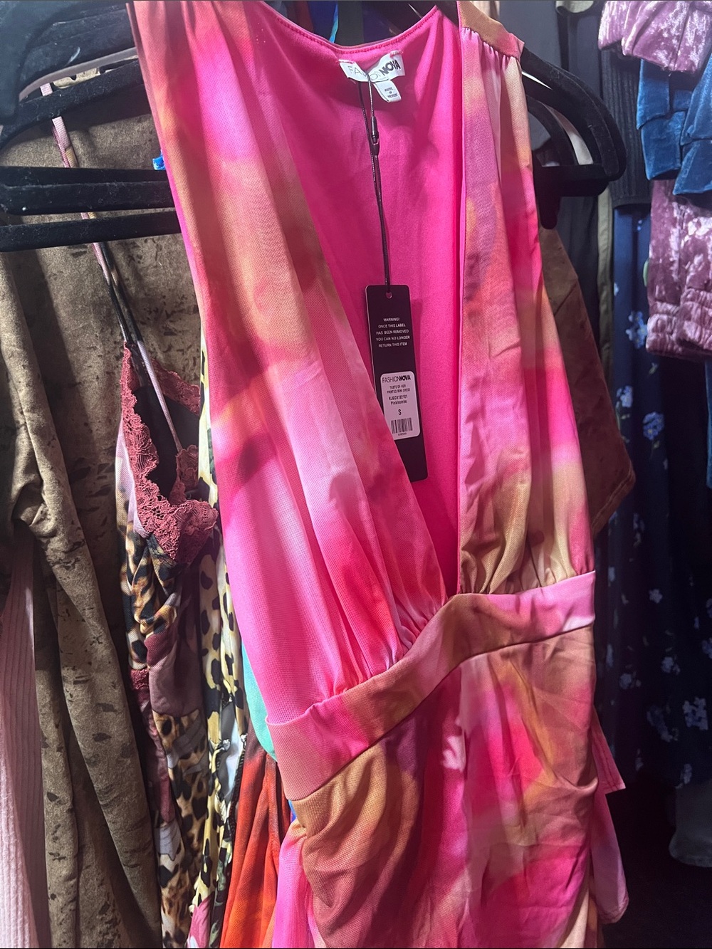 Fashion Nova Pink & Gold Tie-Dye Plunge Mini Dress - Picture 5 of 5